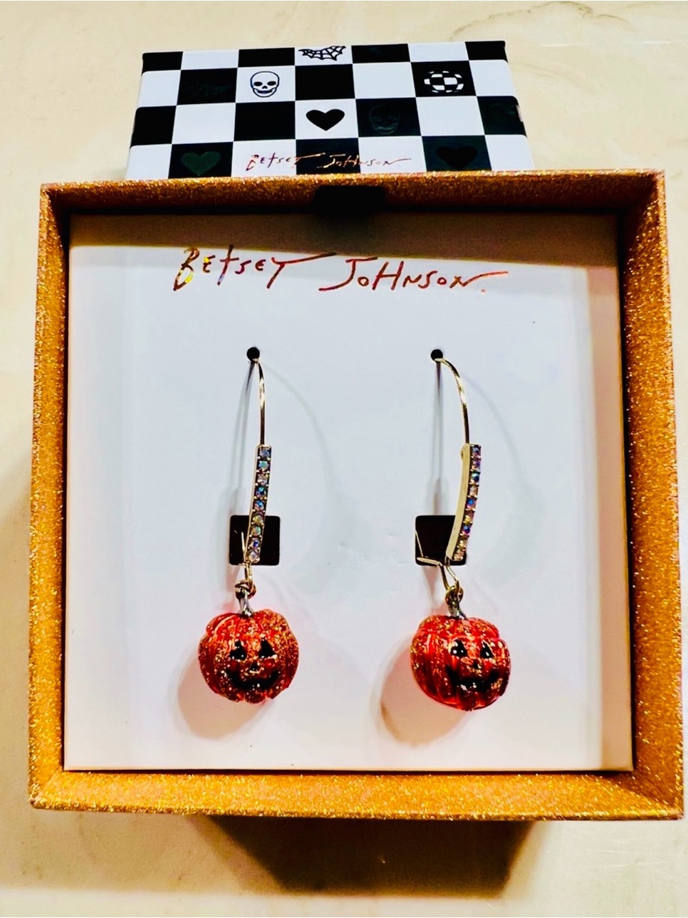🎃BETSEY JOHNSON Jack-O’-Lantern Pumpkin Dangle Glitter Crystal Halloween Earring